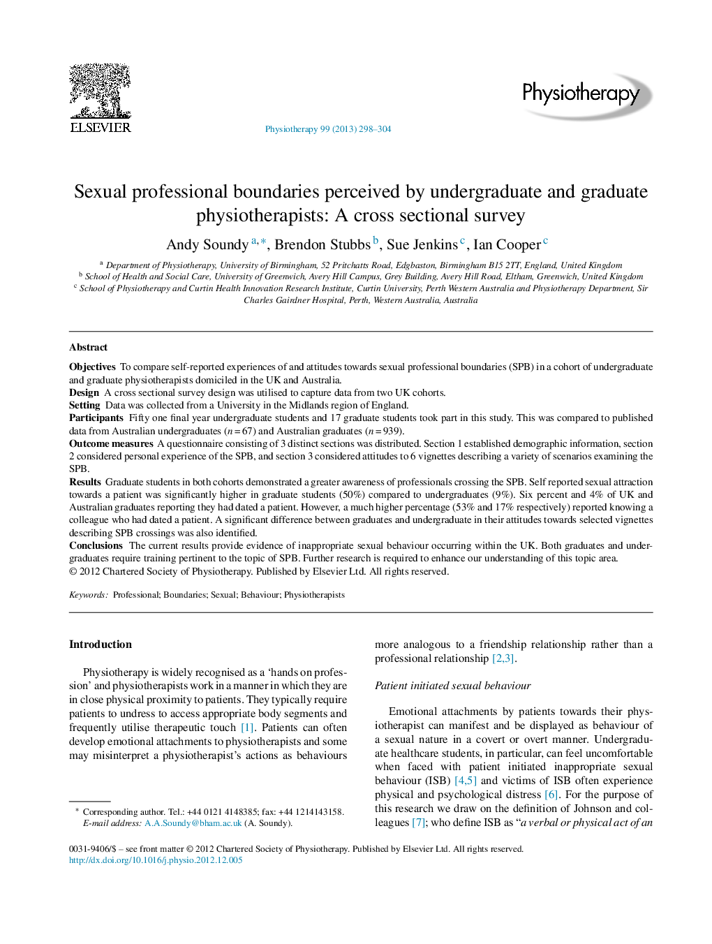 Sexual professional boundaries perceived by undergraduate and graduate physiotherapists: A cross sectional survey