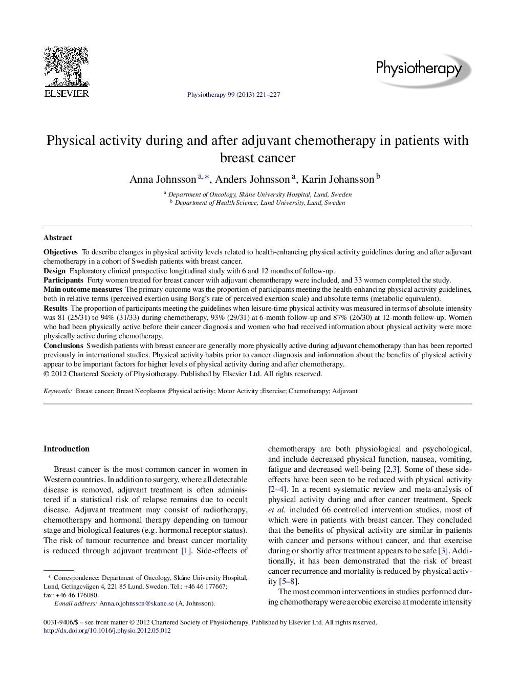 Physical activity during and after adjuvant chemotherapy in patients with breast cancer