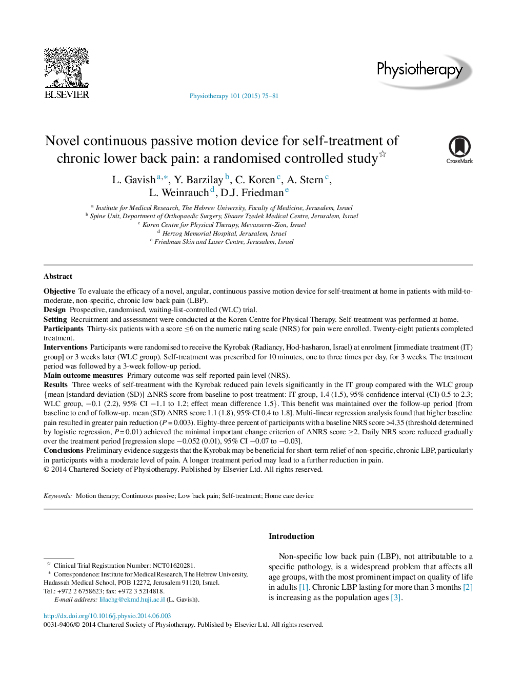 Novel continuous passive motion device for self-treatment of chronic lower back pain: a randomised controlled study 