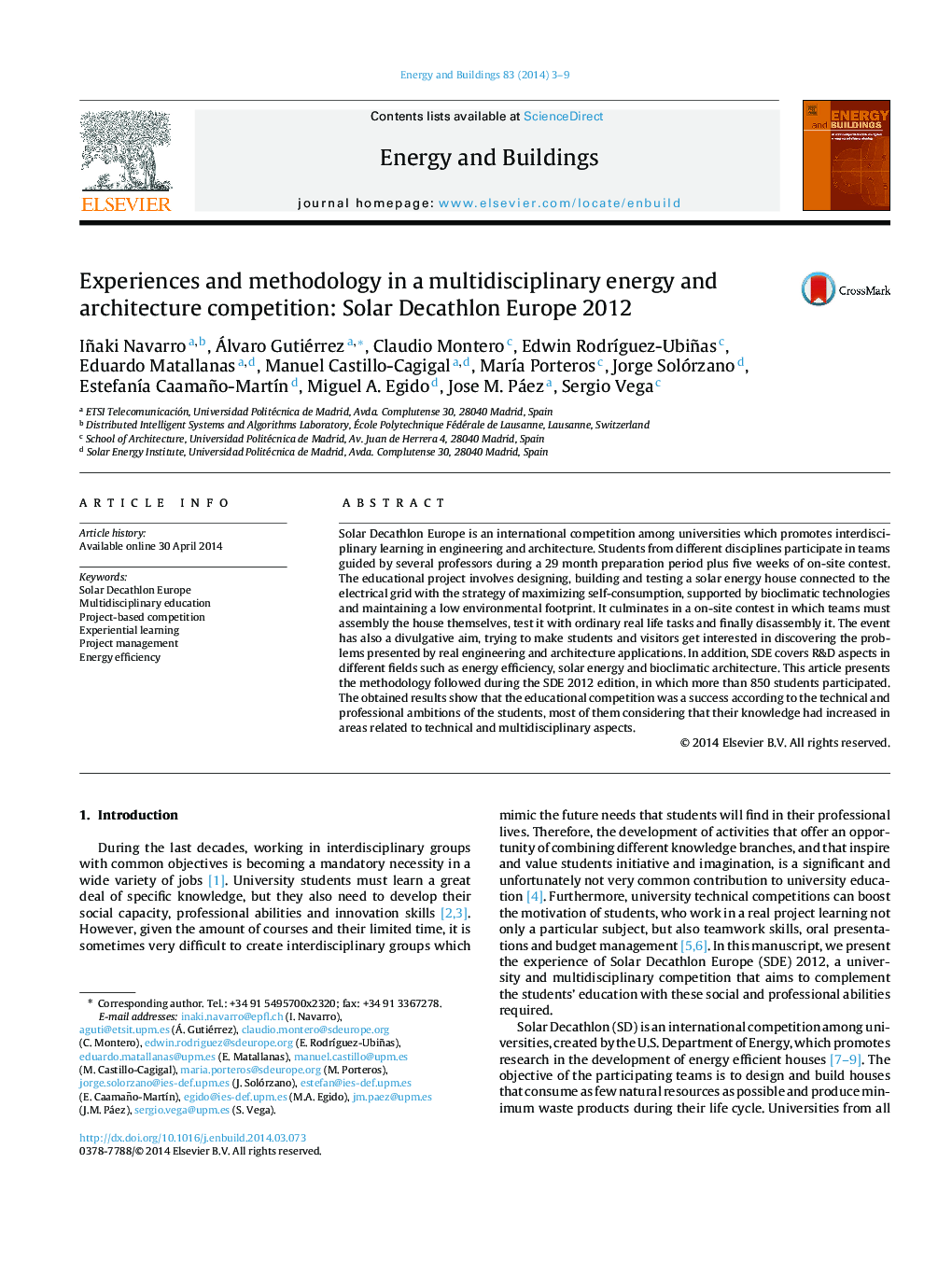 Experiences and methodology in a multidisciplinary energy and architecture competition: Solar Decathlon Europe 2012