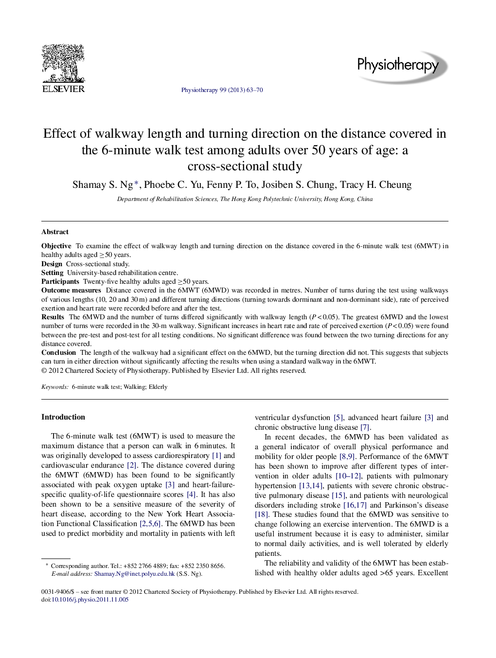 Effect of walkway length and turning direction on the distance covered in the 6-minute walk test among adults over 50 years of age: a cross-sectional study