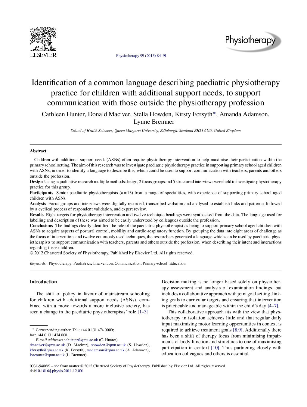 Identification of a common language describing paediatric physiotherapy practice for children with additional support needs, to support communication with those outside the physiotherapy profession