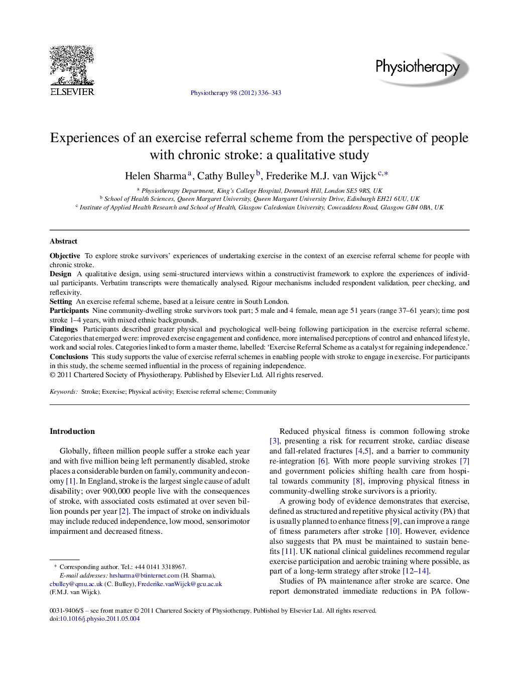 Experiences of an exercise referral scheme from the perspective of people with chronic stroke: a qualitative study