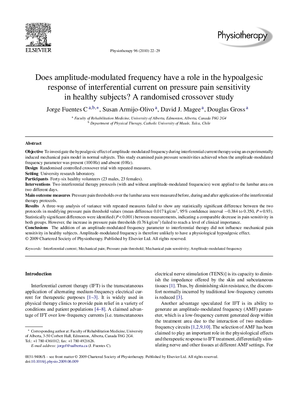 Does amplitude-modulated frequency have a role in the hypoalgesic response of interferential current on pressure pain sensitivity in healthy subjects? A randomised crossover study