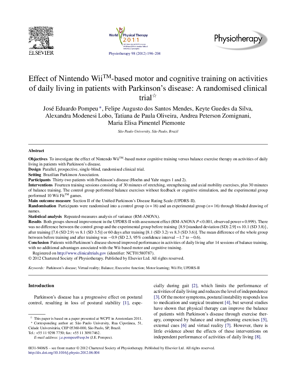 Effect of Nintendo Wii™-based motor and cognitive training on activities of daily living in patients with Parkinson's disease: A randomised clinical trial 