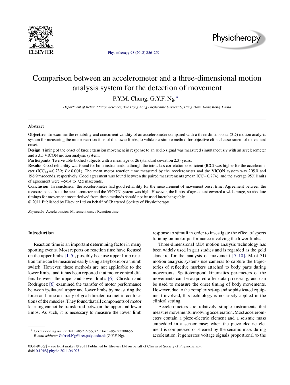 Comparison between an accelerometer and a three-dimensional motion analysis system for the detection of movement