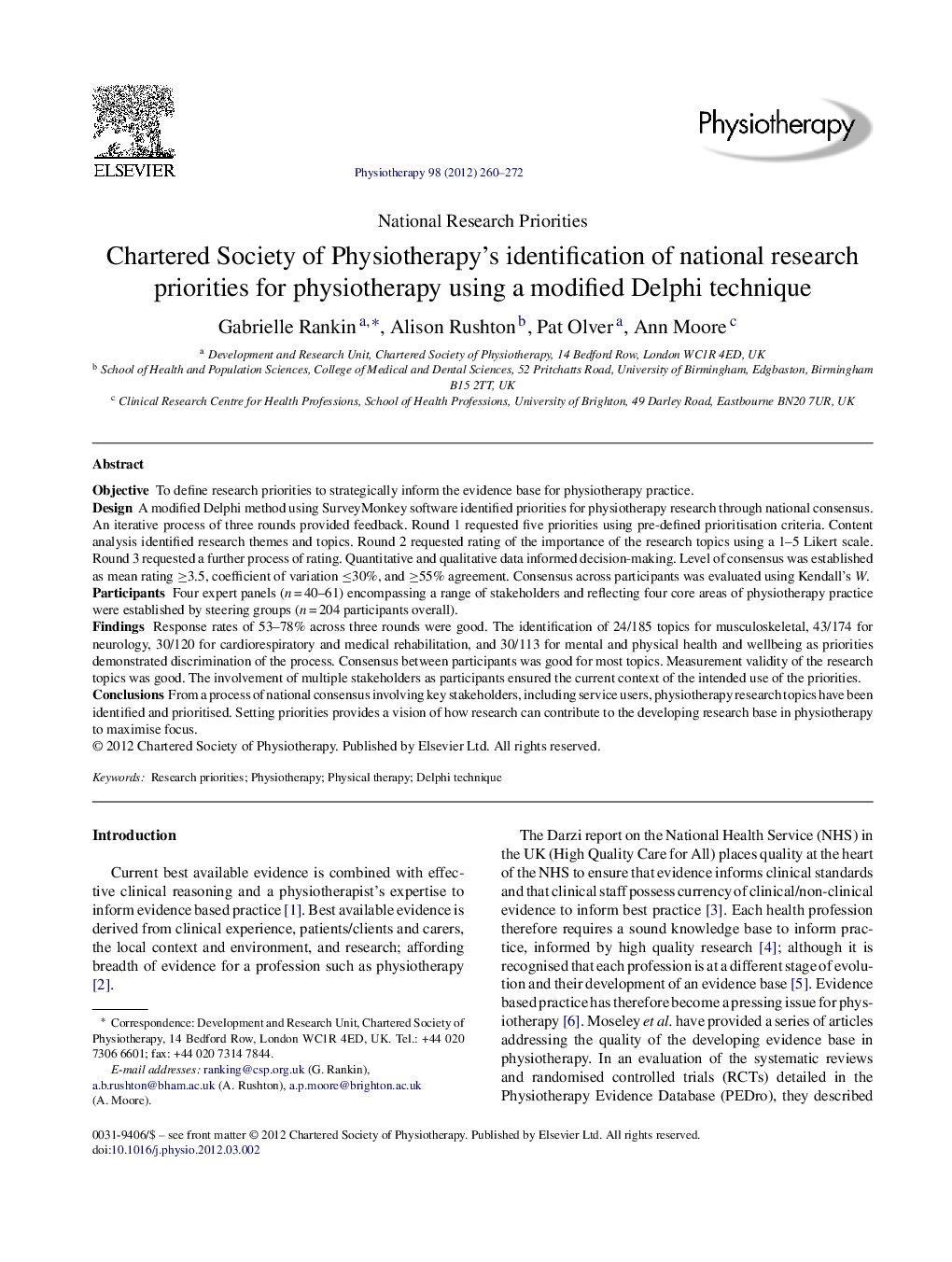 Chartered Society of Physiotherapy's identification of national research priorities for physiotherapy using a modified Delphi technique