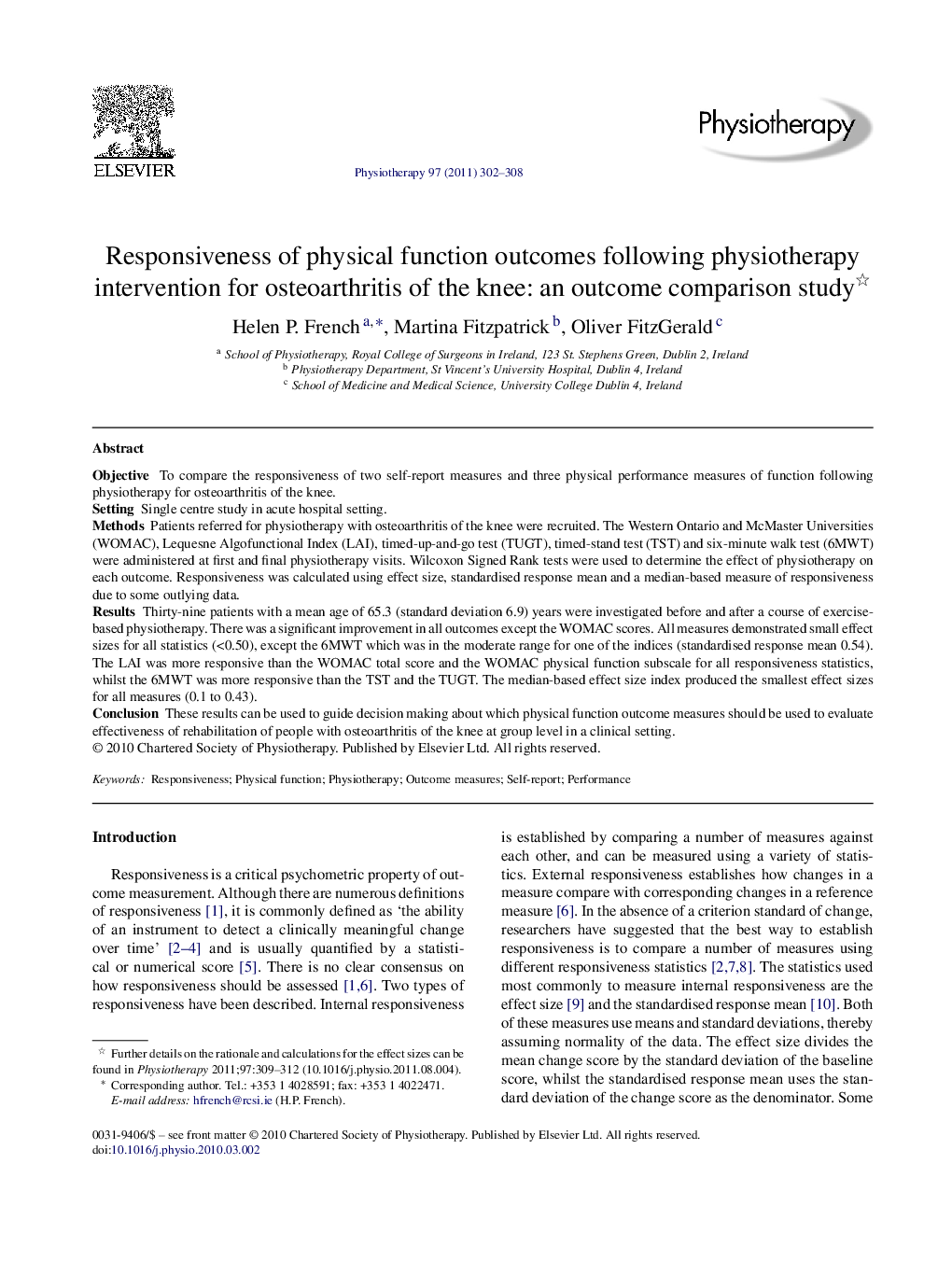 Responsiveness of physical function outcomes following physiotherapy intervention for osteoarthritis of the knee: an outcome comparison study 