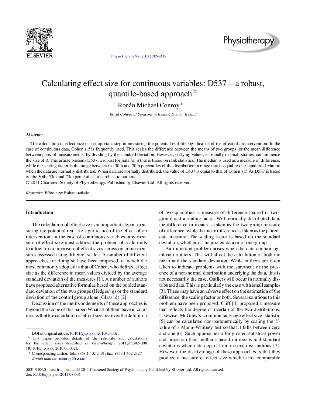 Calculating effect size for continuous variables: D537 – a robust, quantile-based approach 