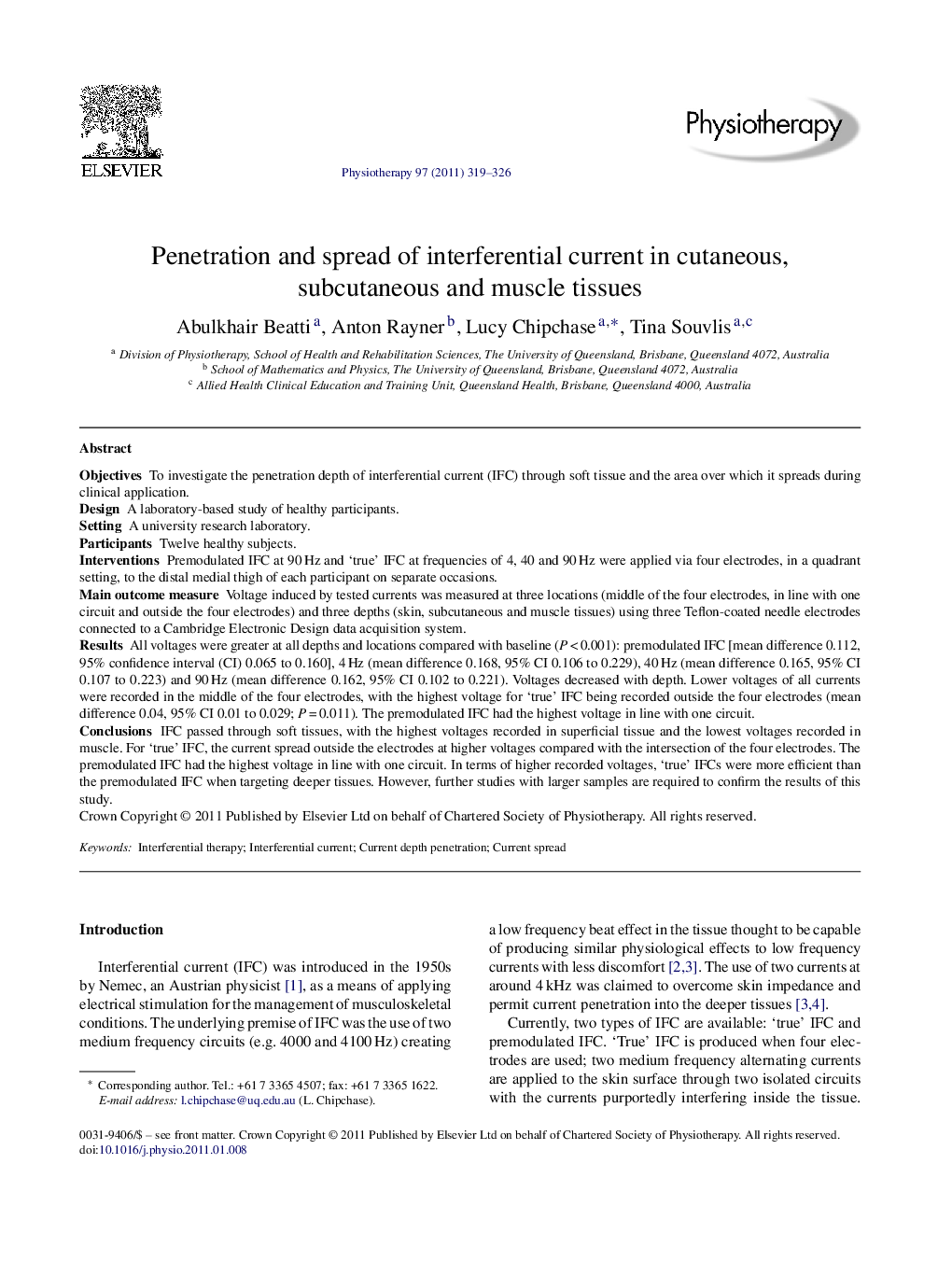 Penetration and spread of interferential current in cutaneous, subcutaneous and muscle tissues