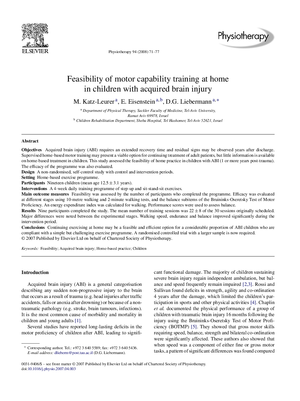 Feasibility of motor capability training at home in children with acquired brain injury