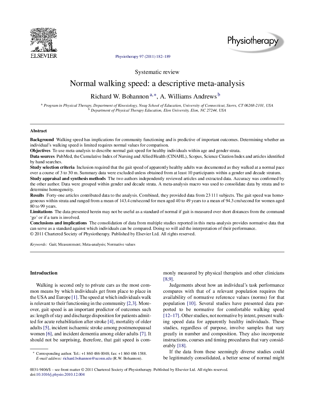 Normal walking speed: a descriptive meta-analysis