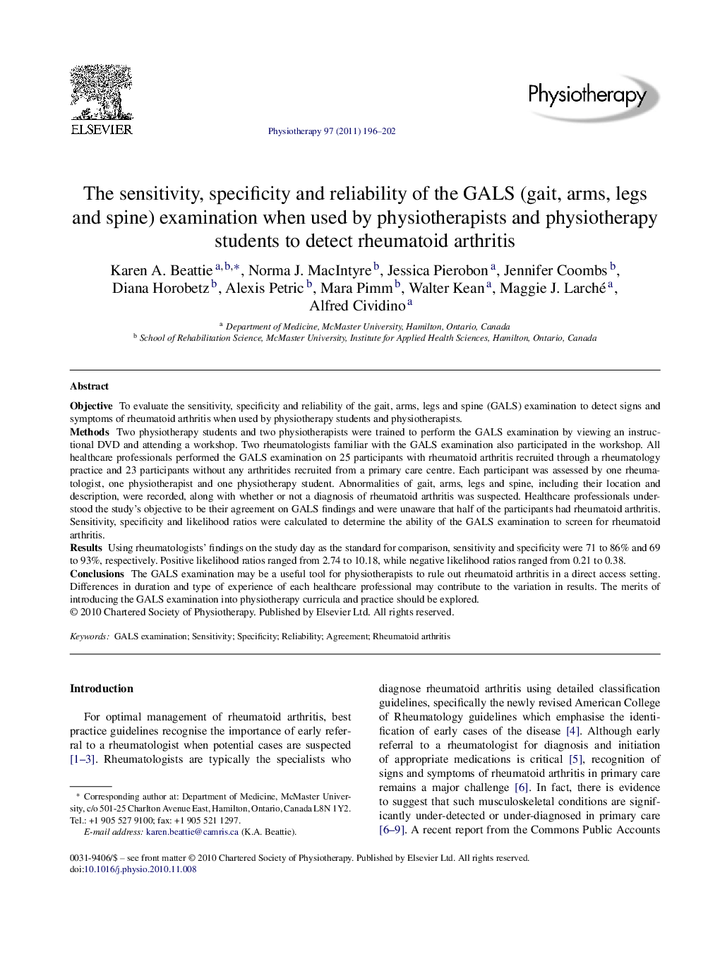 The sensitivity, specificity and reliability of the GALS (gait, arms, legs and spine) examination when used by physiotherapists and physiotherapy students to detect rheumatoid arthritis