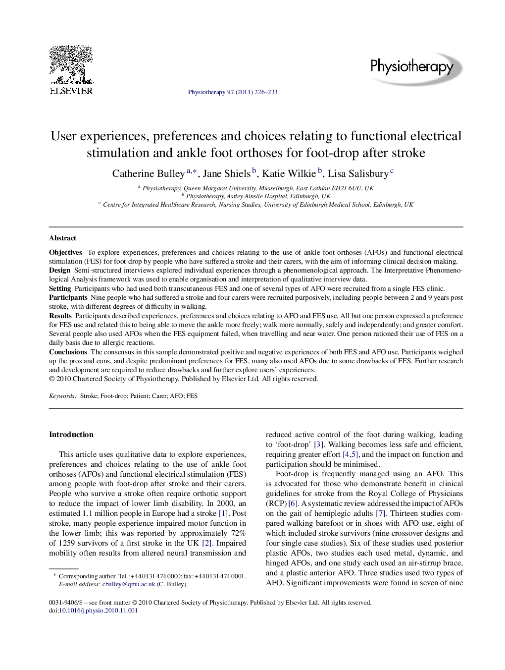 User experiences, preferences and choices relating to functional electrical stimulation and ankle foot orthoses for foot-drop after stroke