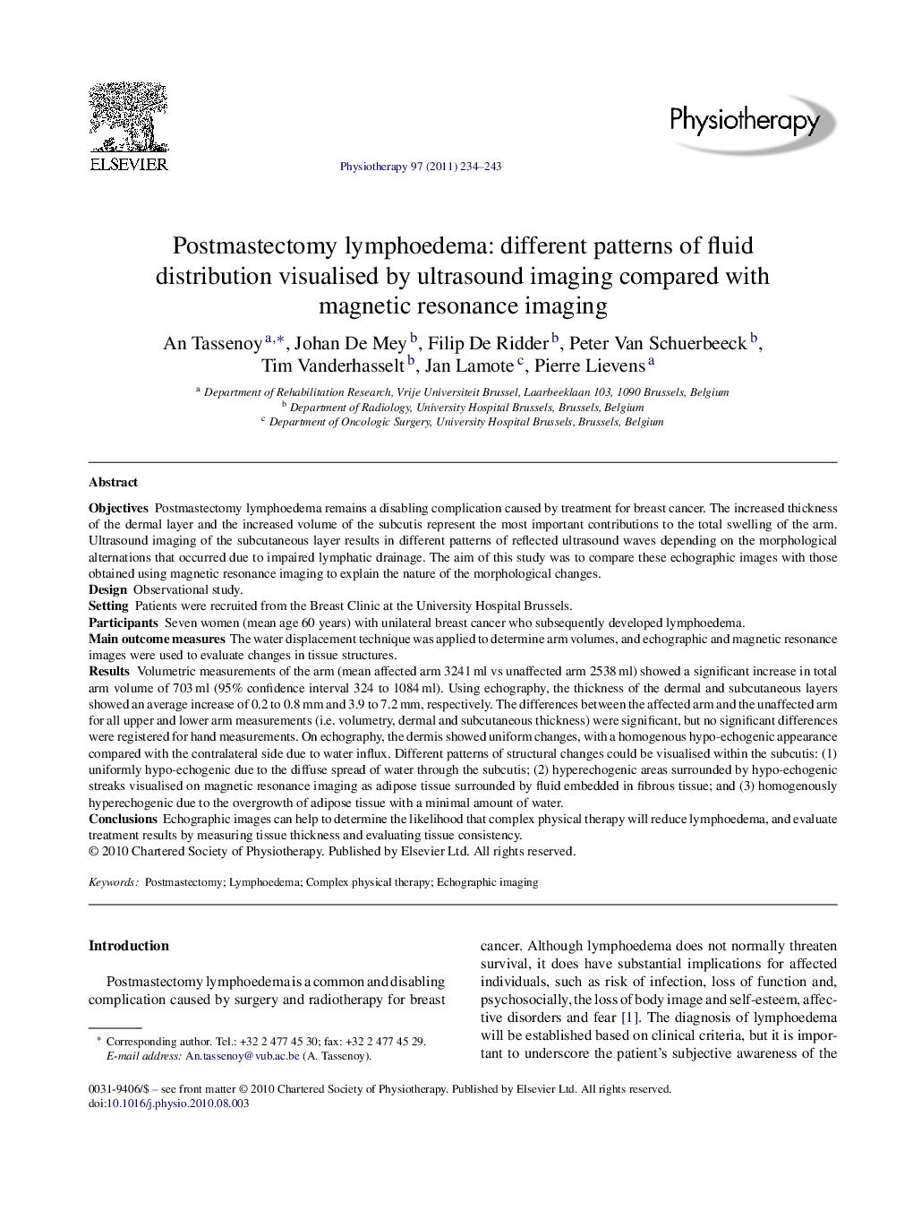 Postmastectomy lymphoedema: different patterns of fluid distribution visualised by ultrasound imaging compared with magnetic resonance imaging