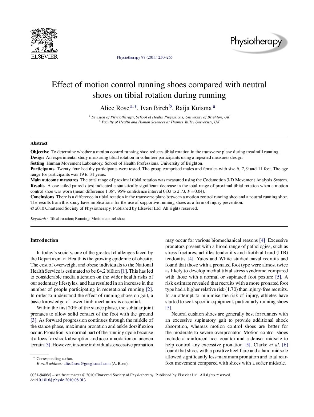 Effect of motion control running shoes compared with neutral shoes on tibial rotation during running