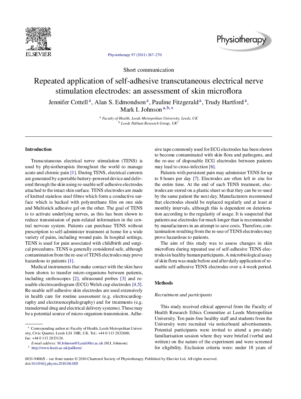 Repeated application of self-adhesive transcutaneous electrical nerve stimulation electrodes: an assessment of skin microflora