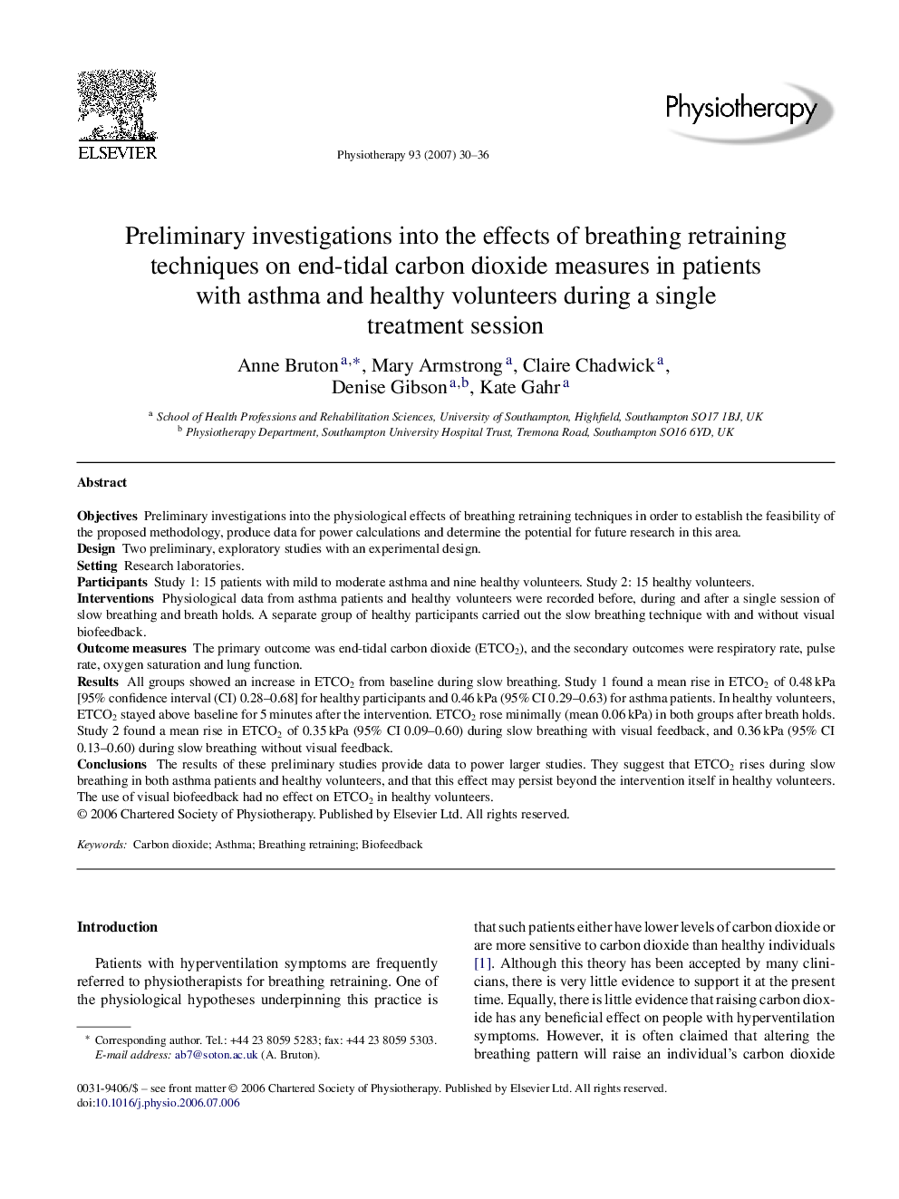 Preliminary investigations into the effects of breathing retraining techniques on end-tidal carbon dioxide measures in patients with asthma and healthy volunteers during a single treatment session