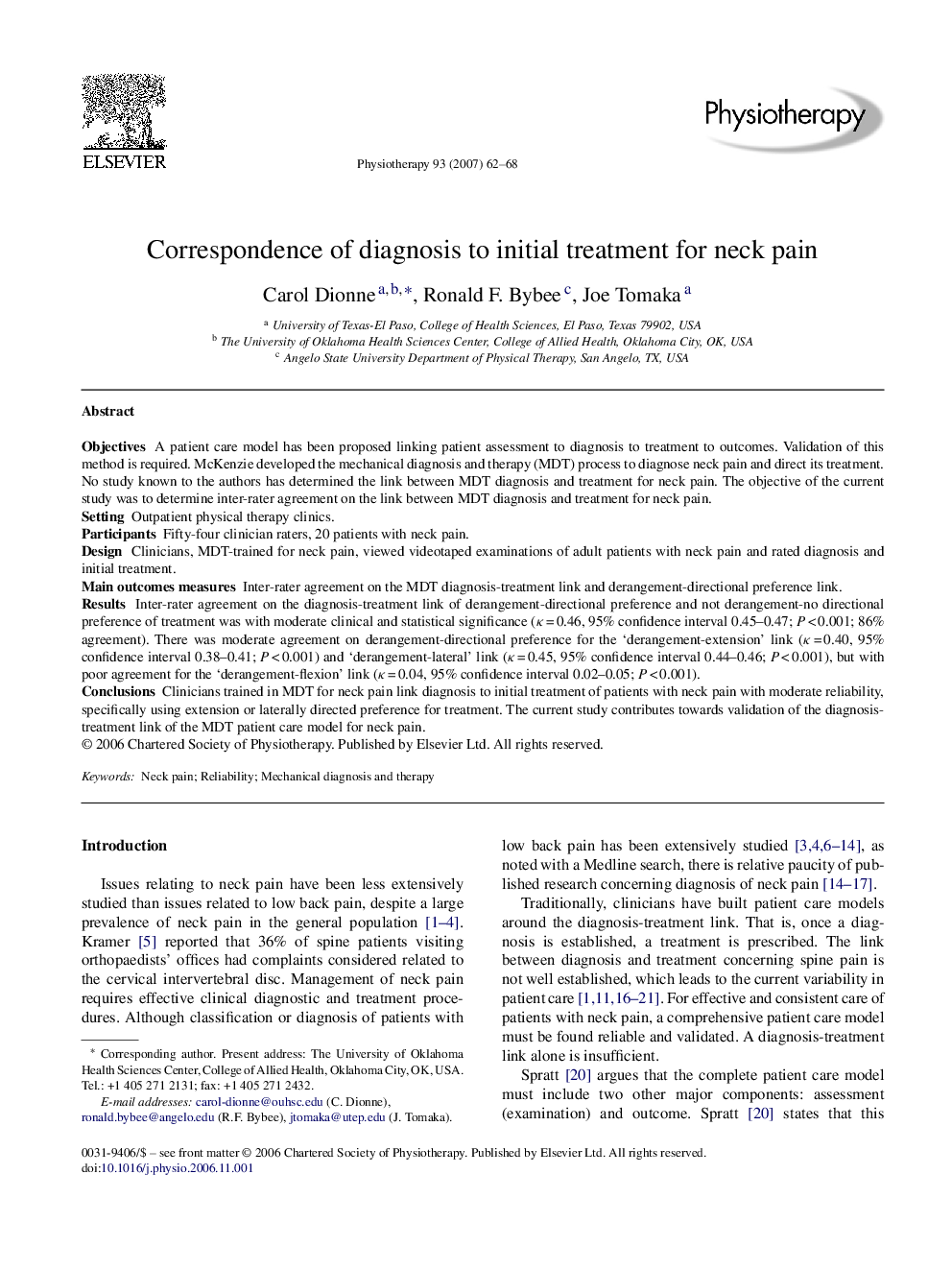 Correspondence of diagnosis to initial treatment for neck pain