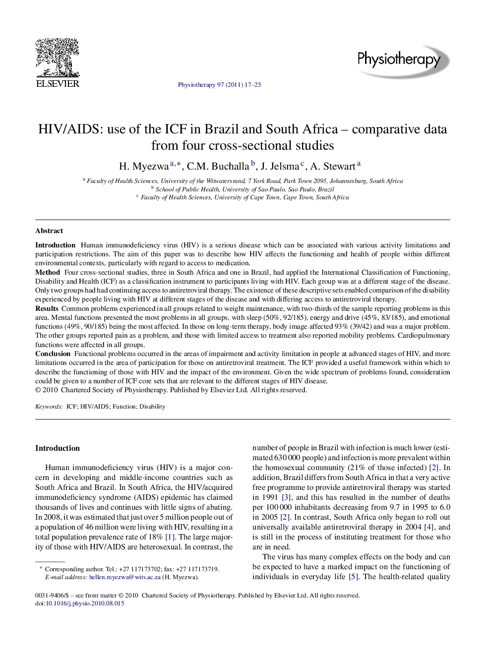 HIV/AIDS: use of the ICF in Brazil and South Africa – comparative data from four cross-sectional studies