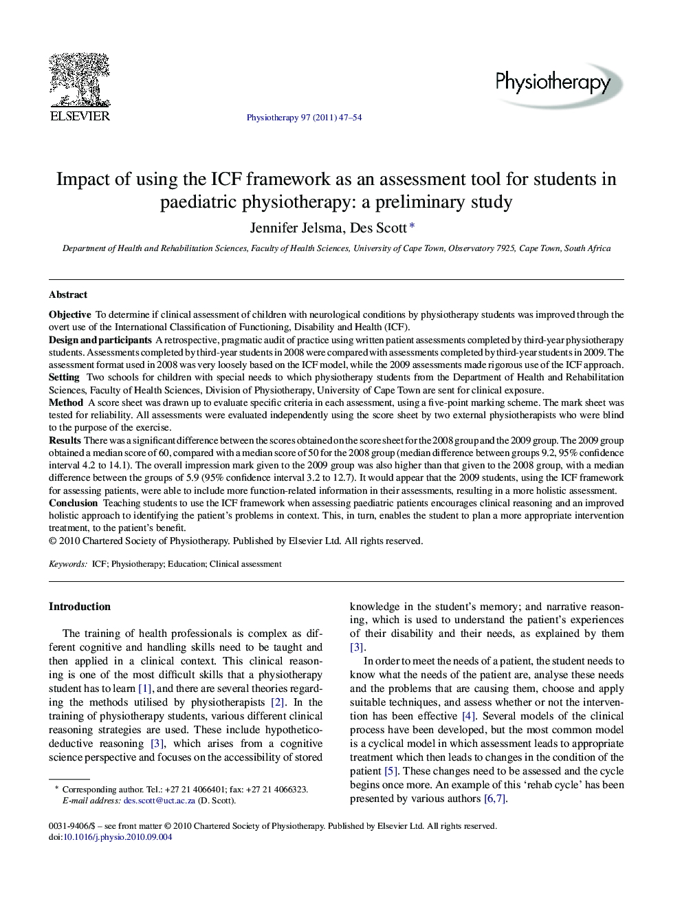 Impact of using the ICF framework as an assessment tool for students in paediatric physiotherapy: a preliminary study