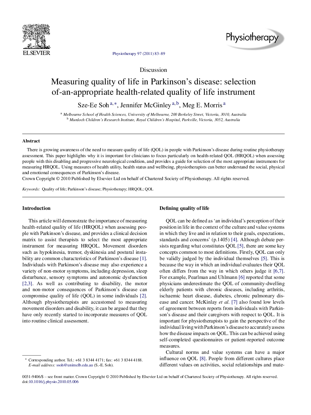 Measuring quality of life in Parkinson's disease: selection of-an-appropriate health-related quality of life instrument