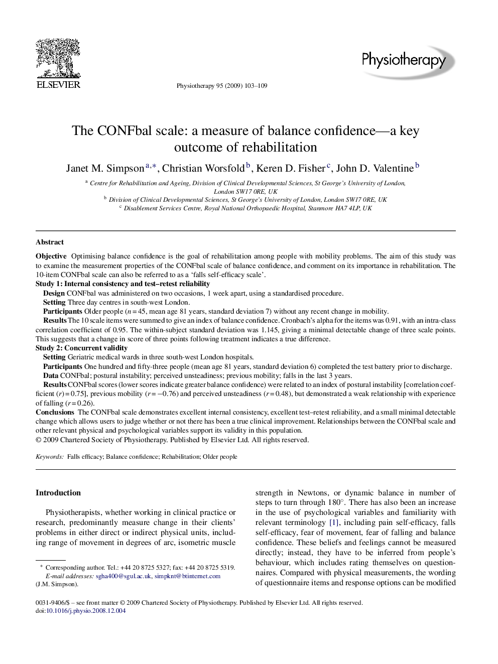 The CONFbal scale: a measure of balance confidence—a key outcome of rehabilitation