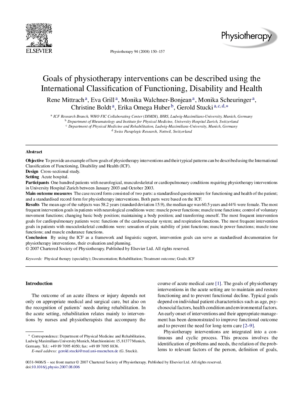 Goals of physiotherapy interventions can be described using the International Classification of Functioning, Disability and Health