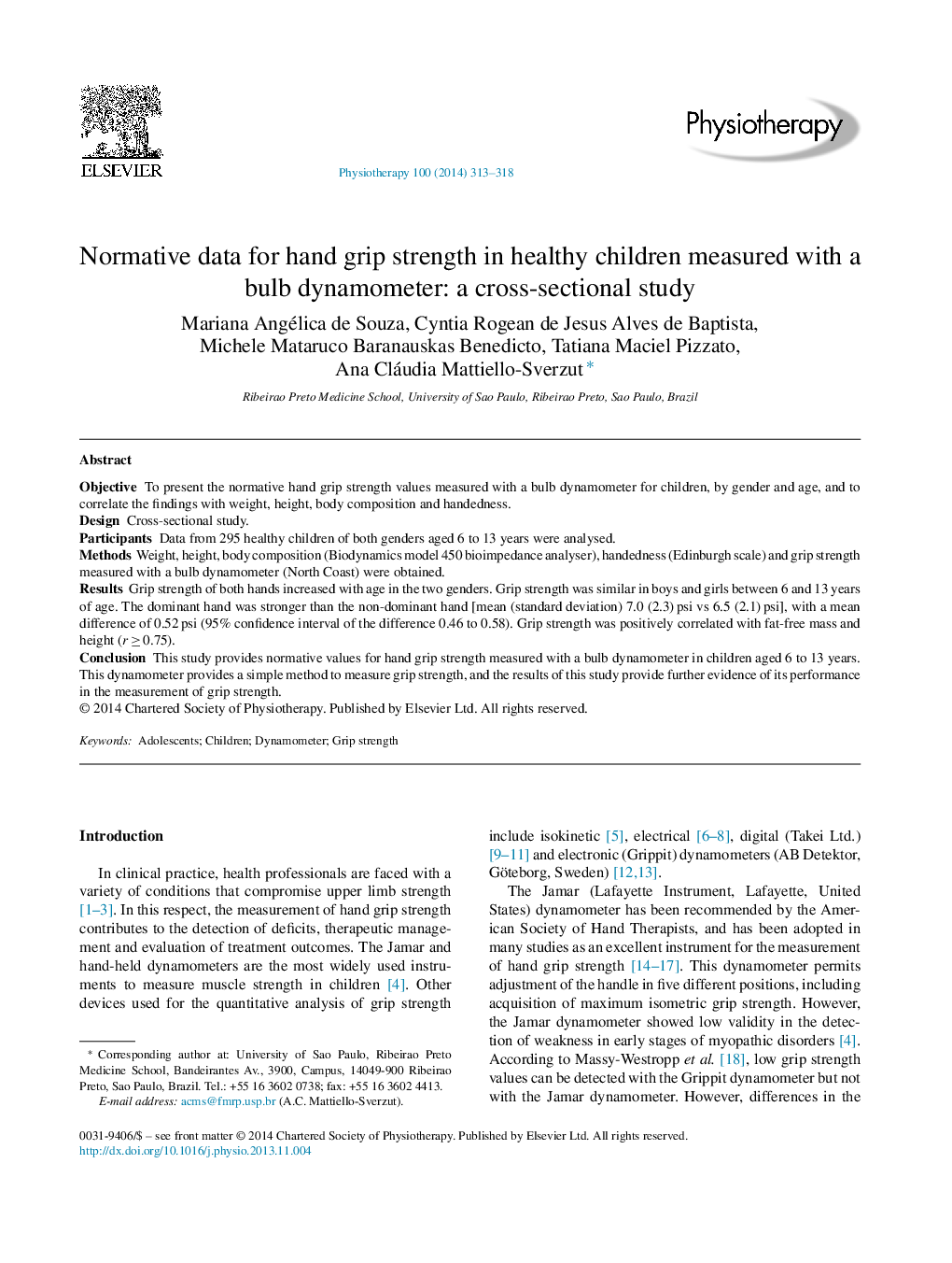 Normative data for hand grip strength in healthy children measured with a bulb dynamometer: a cross-sectional study