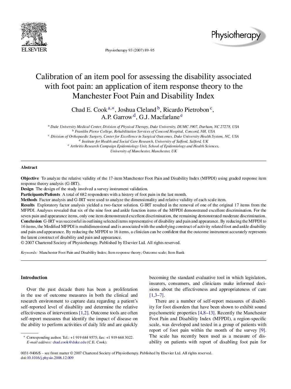 Calibration of an item pool for assessing the disability associated with foot pain: an application of item response theory to the Manchester Foot Pain and Disability Index