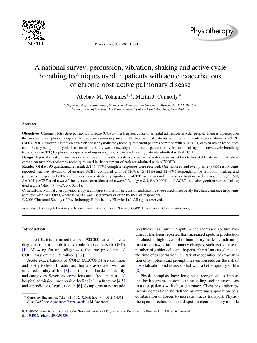 A national survey: percussion, vibration, shaking and active cycle breathing techniques used in patients with acute exacerbations of chronic obstructive pulmonary disease