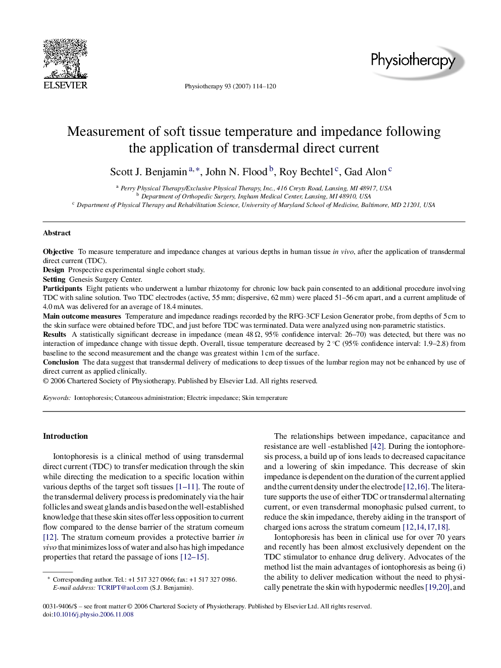 Measurement of soft tissue temperature and impedance following the application of transdermal direct current