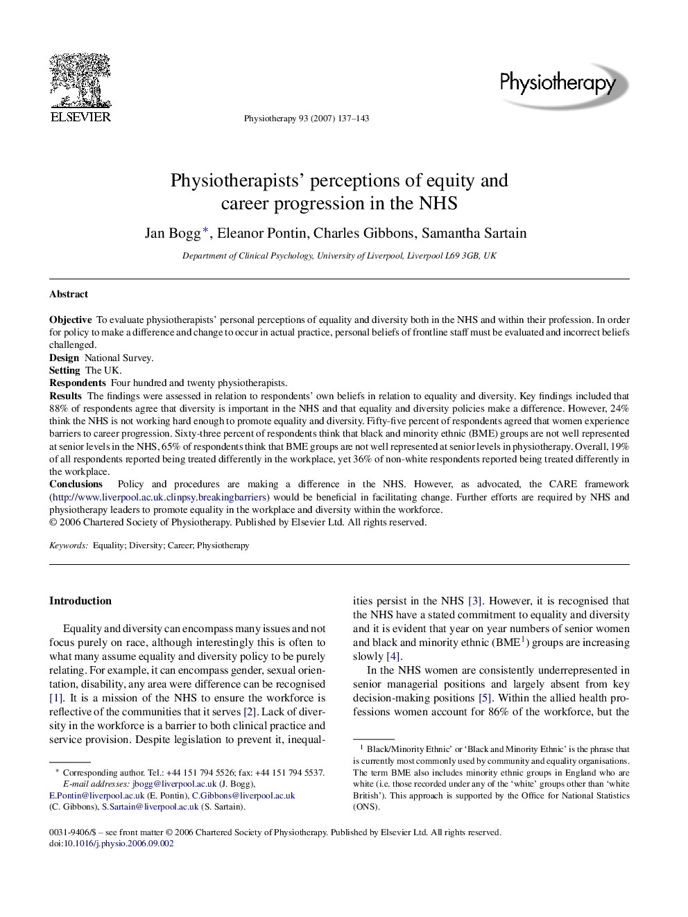 Physiotherapists’ perceptions of equity and career progression in the NHS