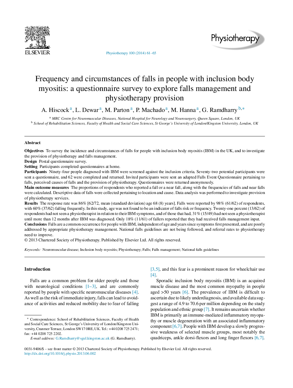 Frequency and circumstances of falls in people with inclusion body myositis: a questionnaire survey to explore falls management and physiotherapy provision