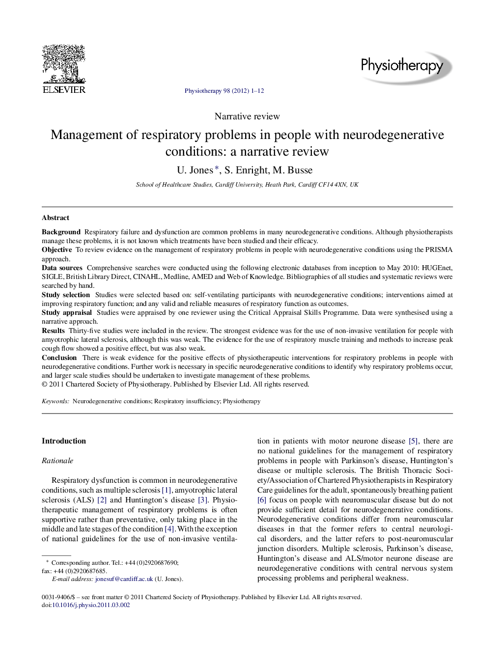 Management of respiratory problems in people with neurodegenerative conditions: a narrative review