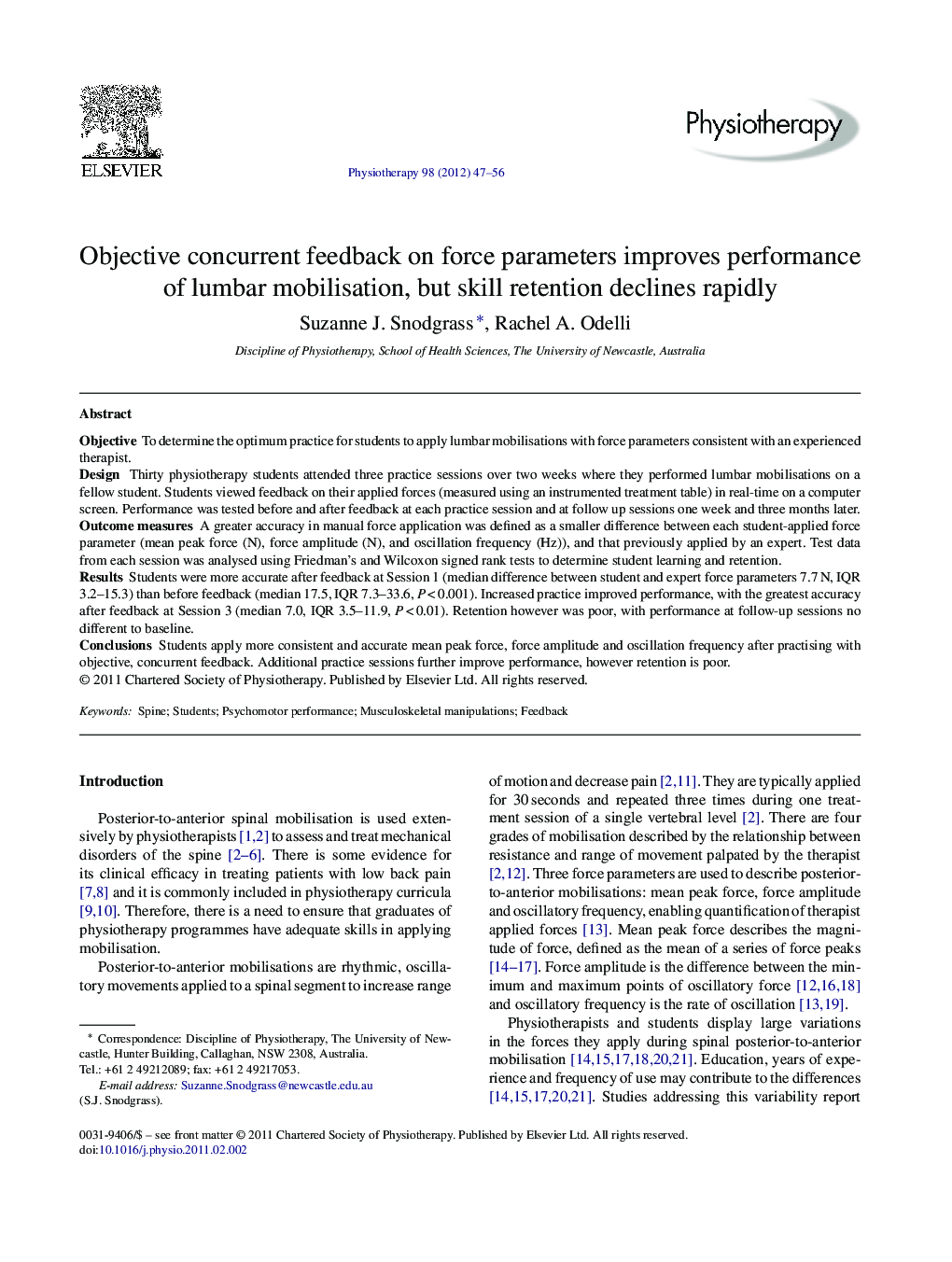 Objective concurrent feedback on force parameters improves performance of lumbar mobilisation, but skill retention declines rapidly