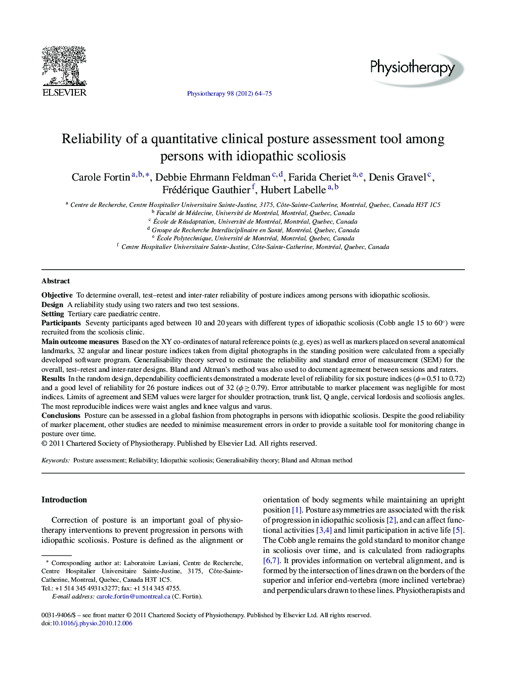 Reliability of a quantitative clinical posture assessment tool among persons with idiopathic scoliosis