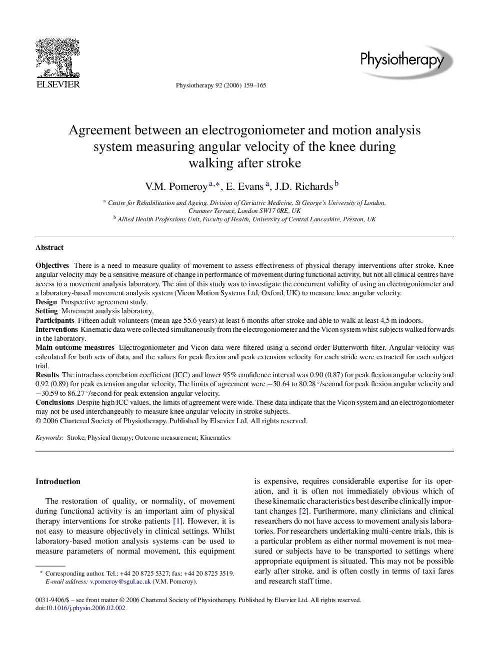 Agreement between an electrogoniometer and motion analysis system measuring angular velocity of the knee during walking after stroke