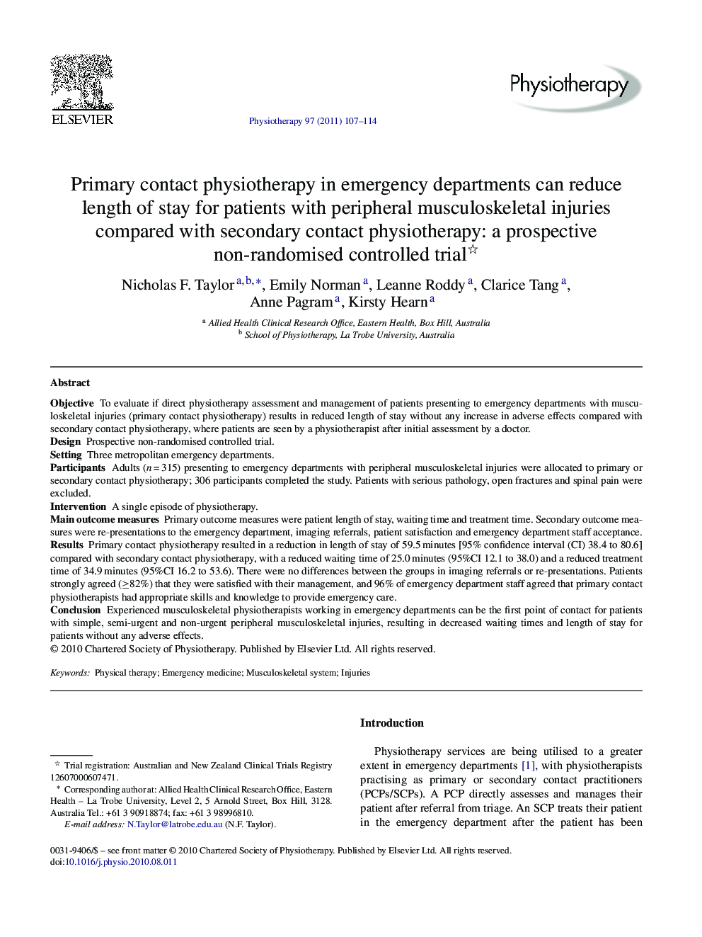 Primary contact physiotherapy in emergency departments can reduce length of stay for patients with peripheral musculoskeletal injuries compared with secondary contact physiotherapy: a prospective non-randomised controlled trial 