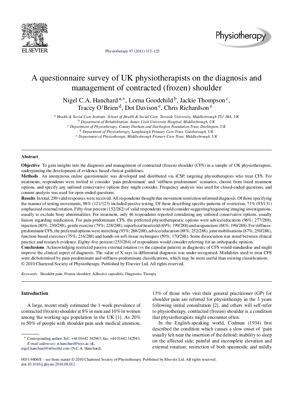 A questionnaire survey of UK physiotherapists on the diagnosis and management of contracted (frozen) shoulder