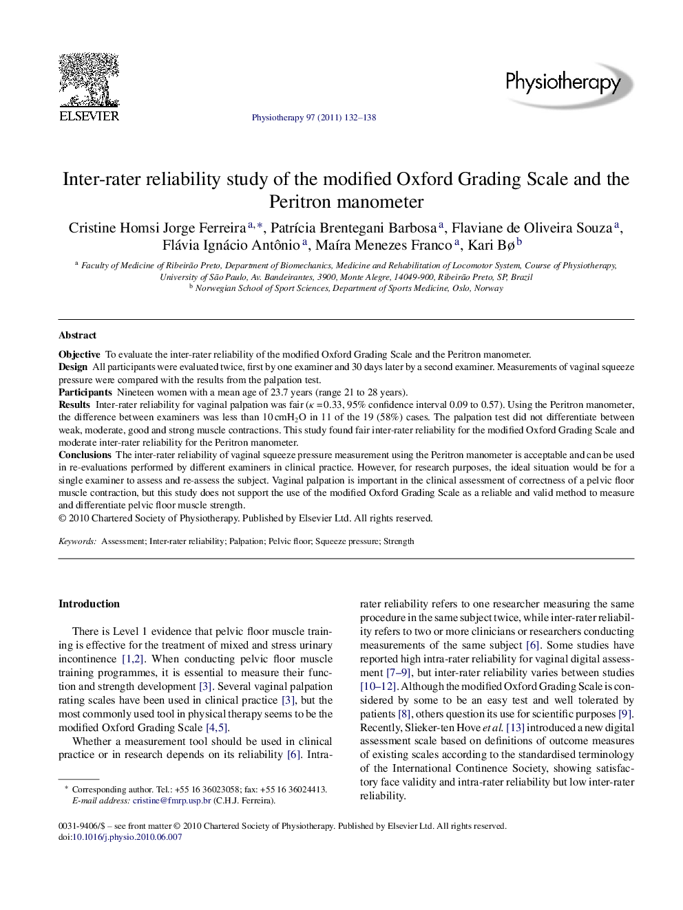 Inter-rater reliability study of the modified Oxford Grading Scale and the Peritron manometer