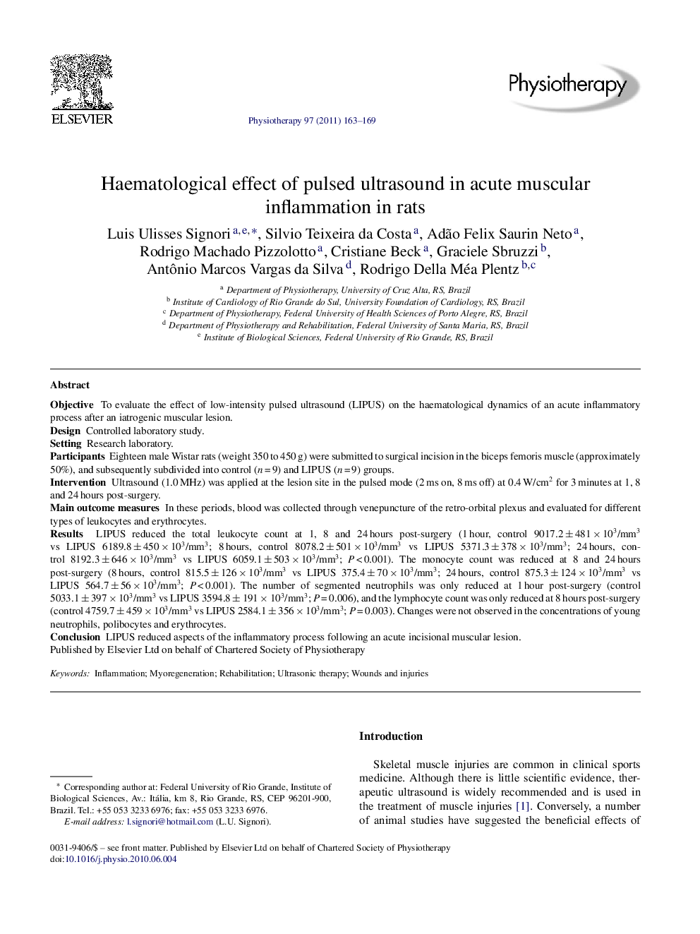 Haematological effect of pulsed ultrasound in acute muscular inflammation in rats