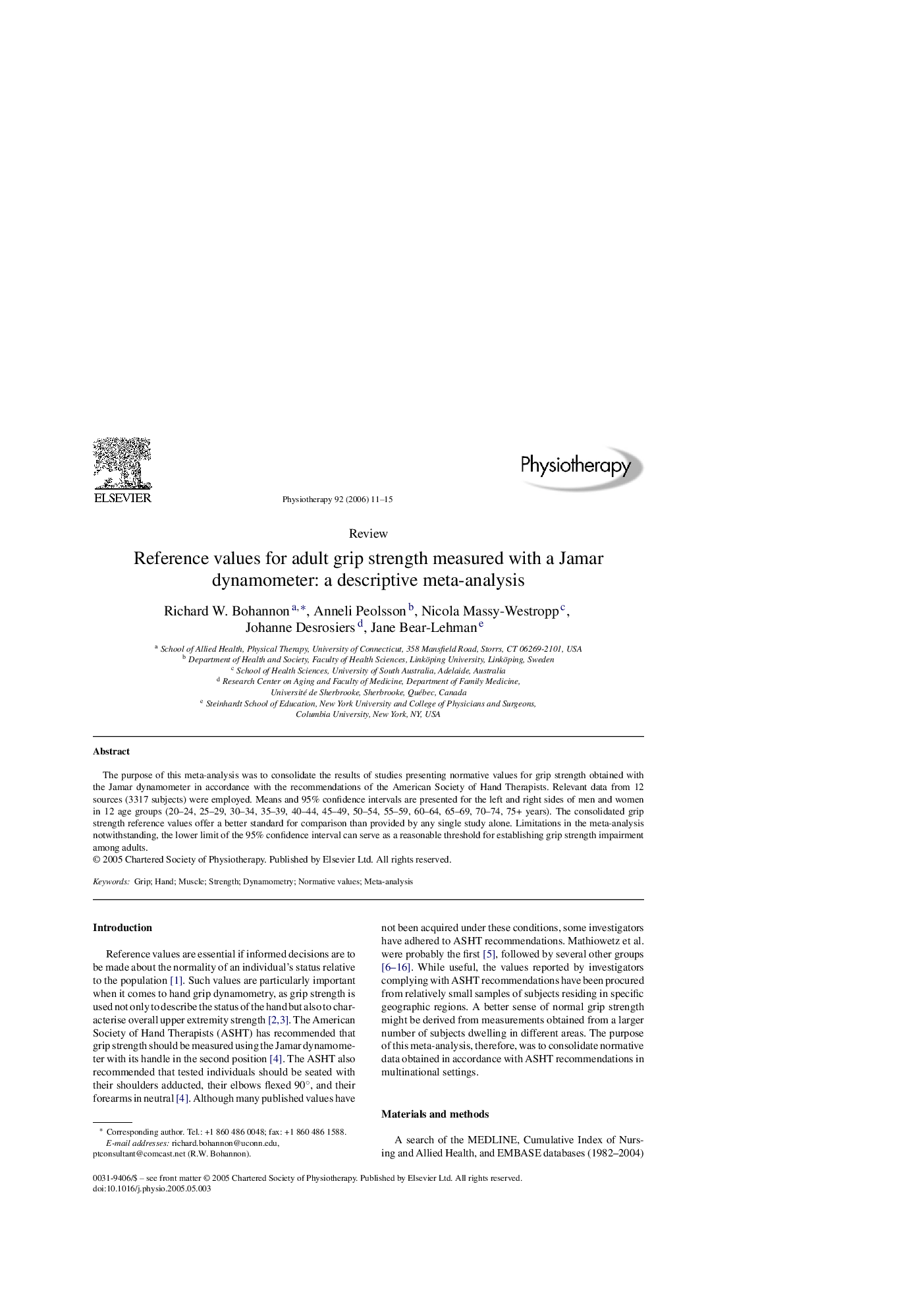 Reference values for adult grip strength measured with a Jamar dynamometer: a descriptive meta-analysis