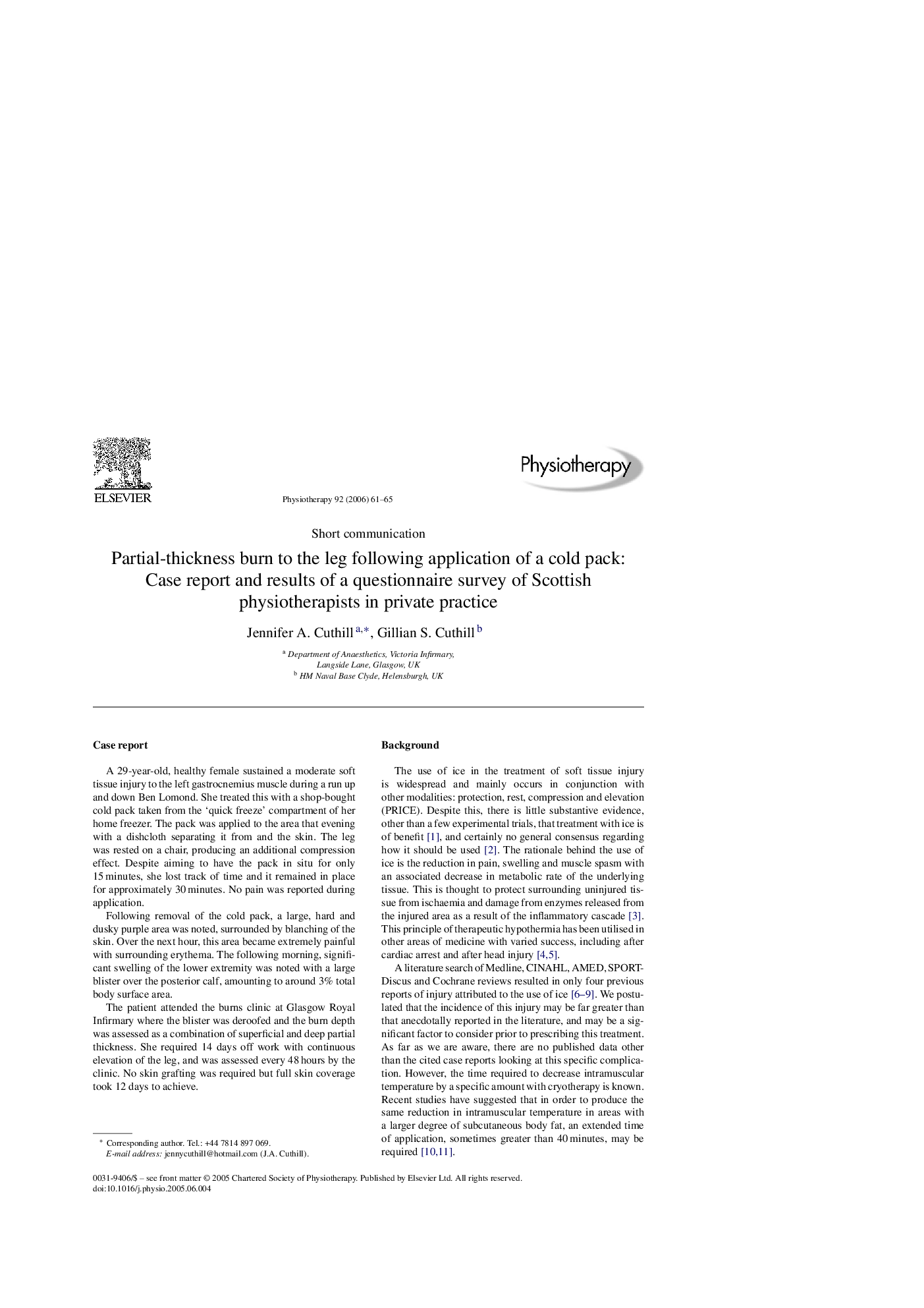 Partial-thickness burn to the leg following application of a cold pack: Case report and results of a questionnaire survey of Scottish physiotherapists in private practice