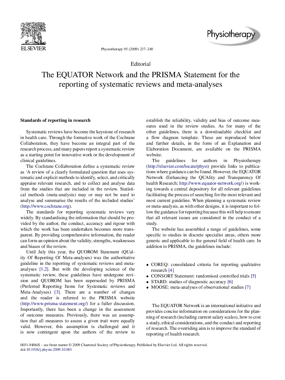 The EQUATOR Network and the PRISMA Statement for the reporting of systematic reviews and meta-analyses