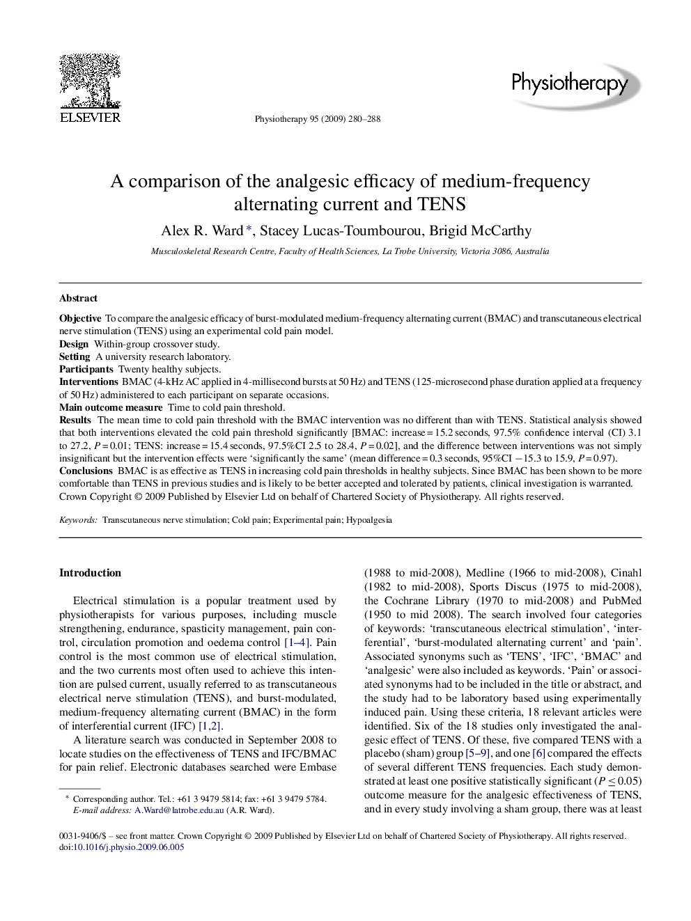 A comparison of the analgesic efficacy of medium-frequency alternating current and TENS