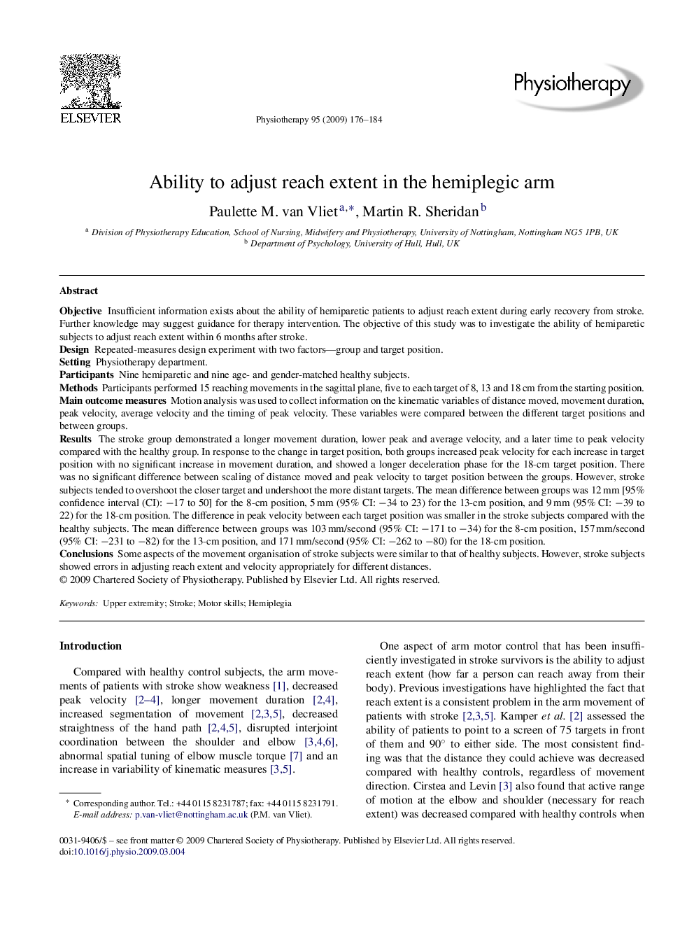 Ability to adjust reach extent in the hemiplegic arm