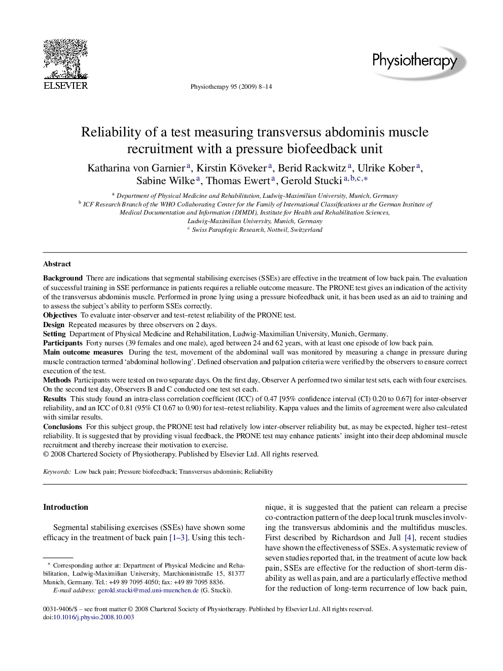 Reliability of a test measuring transversus abdominis muscle recruitment with a pressure biofeedback unit