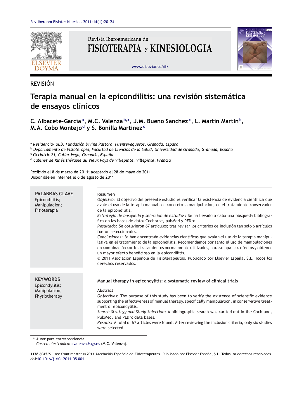 Terapia manual en la epicondilitis: una revisión sistemática de ensayos clÃ­nicos