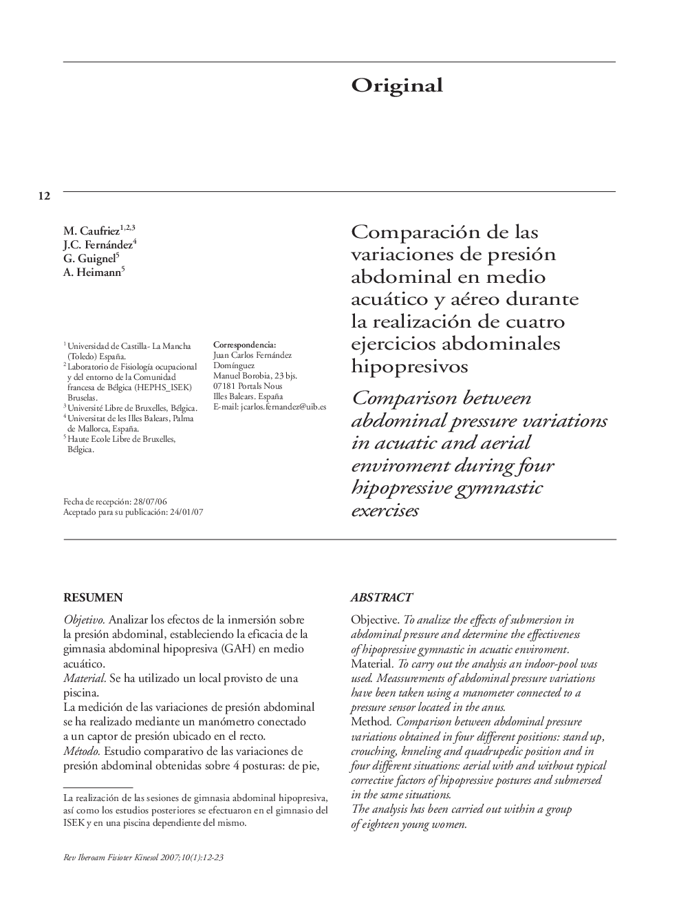 Comparación de las variaciones de presión abdominal en medio acuático y aéreo durante la realización de cuatro ejercicios abdominales hipopresivos